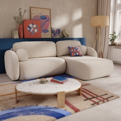 Canapé d'angle droit convertible CARLOTTA 4 places tissu bouclette grège