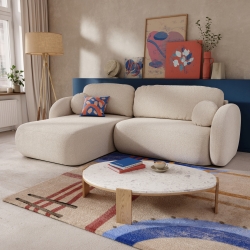 Canapé d'angle gauche convertible CARLOTTA 4 places tissu bouclette grège