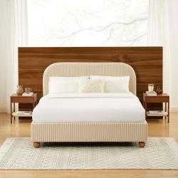 Lit coffre PILKA 140x190 tissu rayé beige et écru sommier inclus