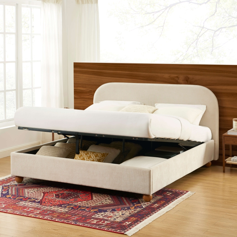 Lit coffre PILKA 180x200 tissu chenille beige sommier inclus