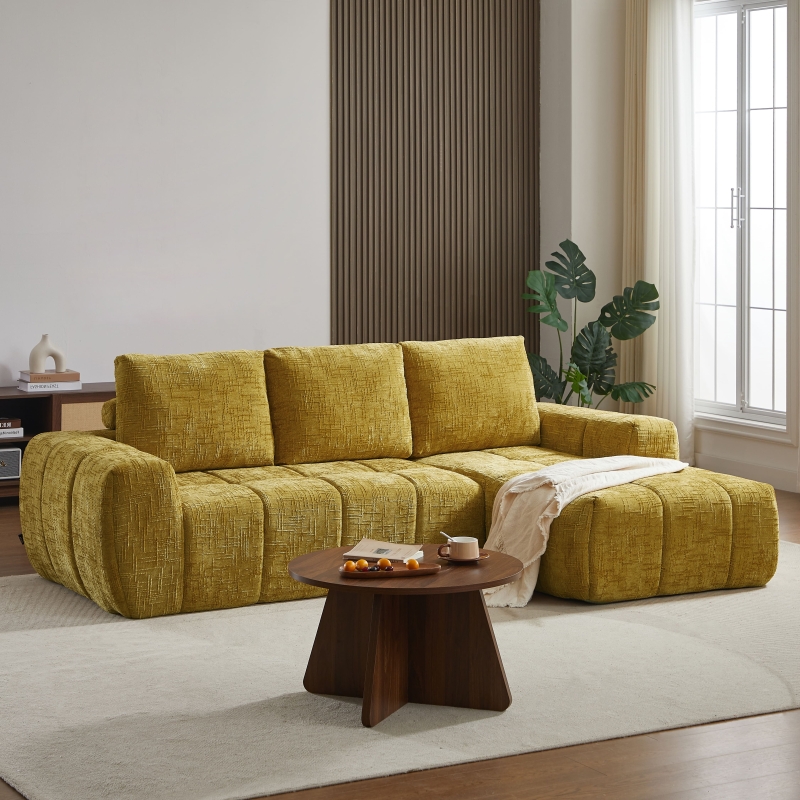 Canapé d'angle droit compressé AUREA 4 places tissu jaune moutarde