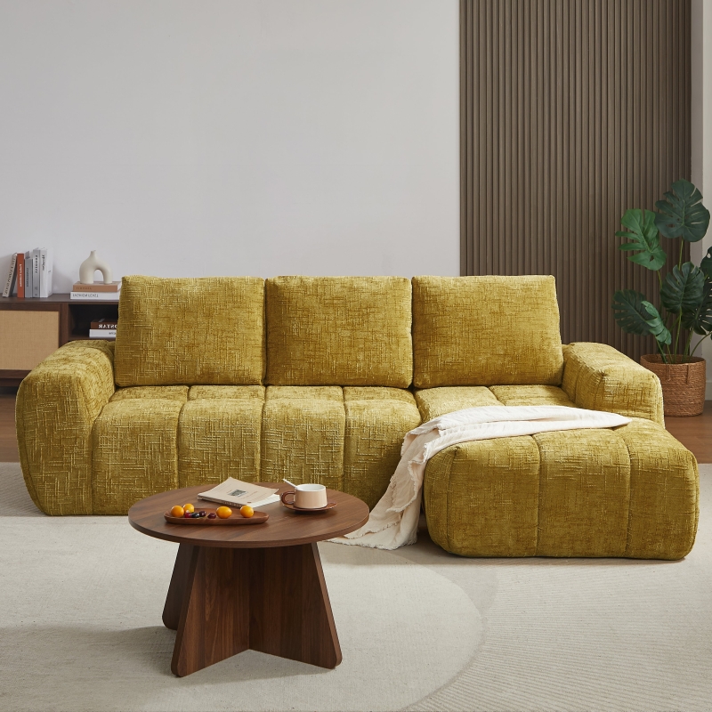 Canapé d'angle droit compressé AUREA 4 places tissu jaune moutarde