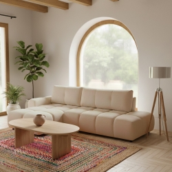 Canapé d'angle gauche convertible SORELLA 4 places tissu chenille grège