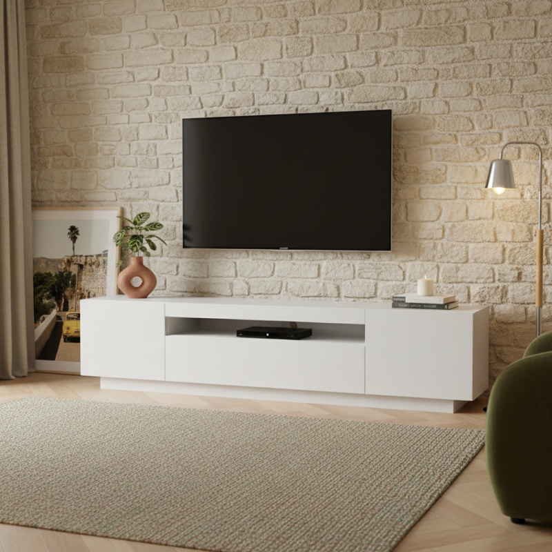 Meuble TV BIRNA blanc mat 3 portes 200cm