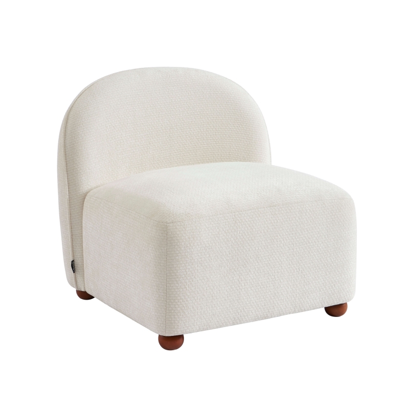 Fauteuil JUDY tissu chenille écru pieds boules teintés noyer