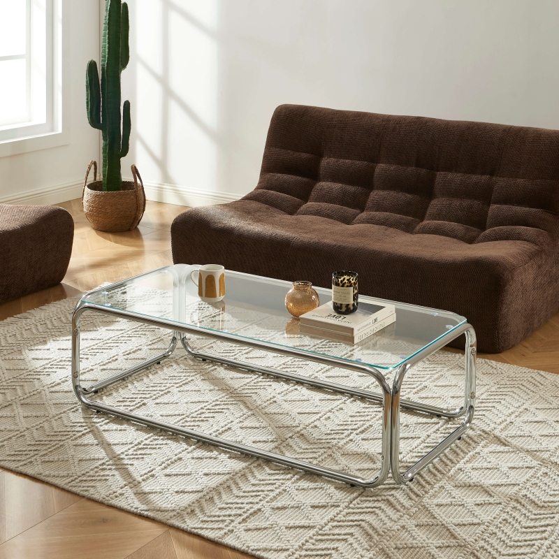 Table basse MAGGY verre trempé transparent et structure en chrome