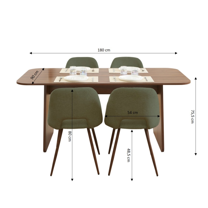 Ensemble repas table à manger LANGO effet noyer et 4 chaises ELISABETH tissu vert pieds effet noyer