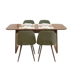 Ensemble repas table à manger LANGO effet noyer et 4 chaises ELISABETH tissu vert pieds effet noyer