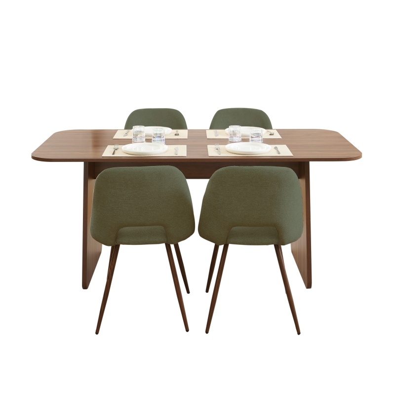Ensemble repas table à manger LANGO effet noyer et 4 chaises ELISABETH tissu vert pieds effet noyer