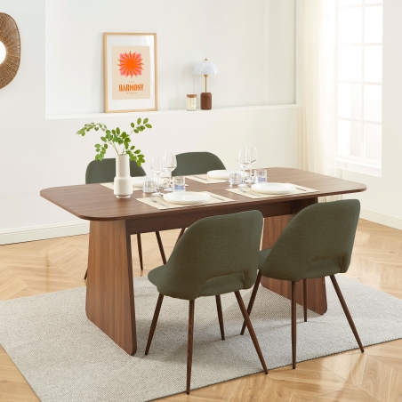 Ensemble repas table à manger LANGO effet noyer et 4 chaises ELISABETH tissu vert pieds effet noyer