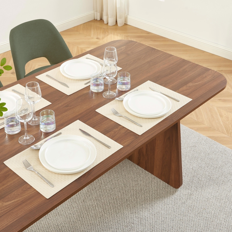 Ensemble repas table à manger LANGO effet noyer et 4 chaises ELISABETH tissu vert pieds effet noyer