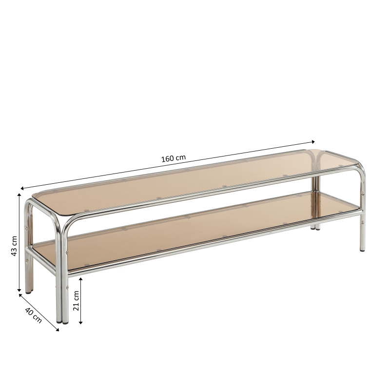 Meuble TV MAGGY verre trempé orange et structure en chrome 160cm