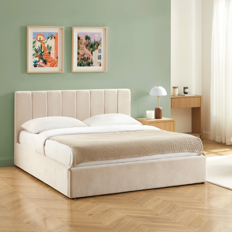 Lit coffre DARIO 160x200 tissu beige sommier inclus