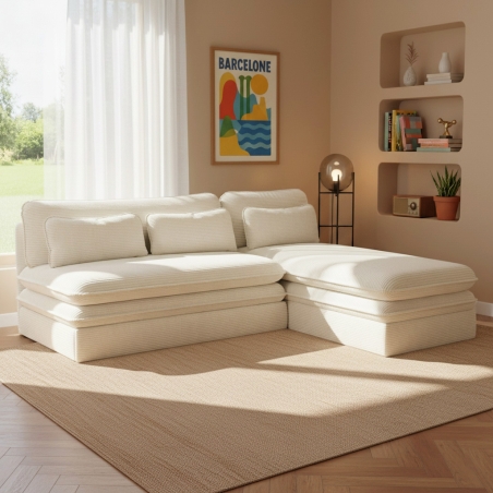 Banquette d'angle convertible NOMA 4 places velours côtelé écru