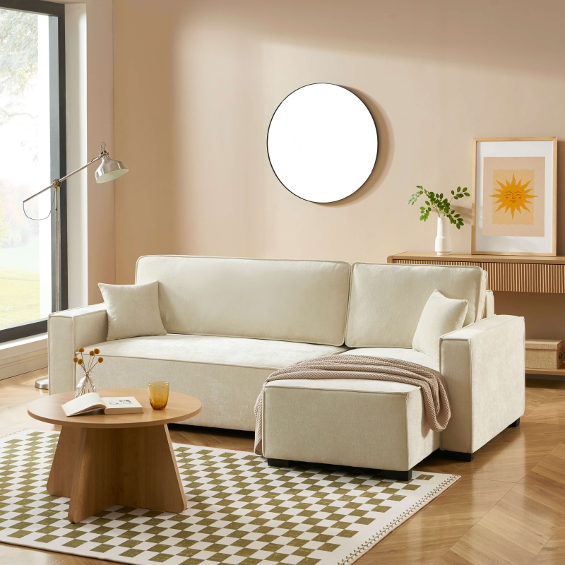 Canapé d'angle convertible et réversible GAVI 4 places tissu beige