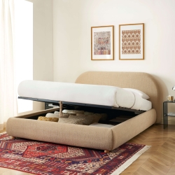 Lit coffre JELLY 160x200 tissu bouclette beige sommier inclus