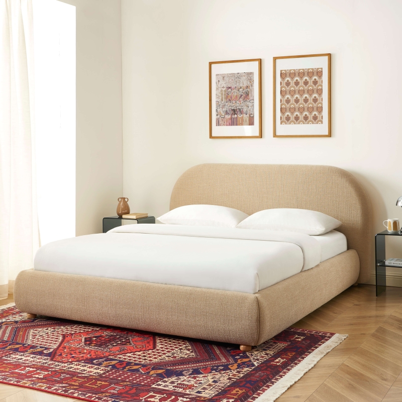 Lit coffre JELLY 160x200 tissu bouclette beige sommier inclus