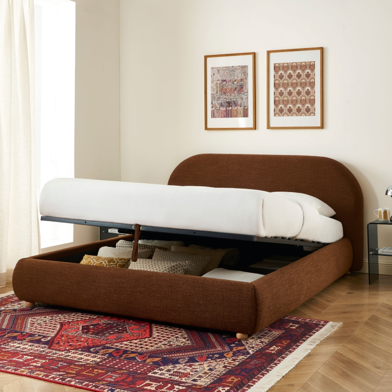 Lit coffre JELLY 160x200 tissu bouclette marron sommier inclus