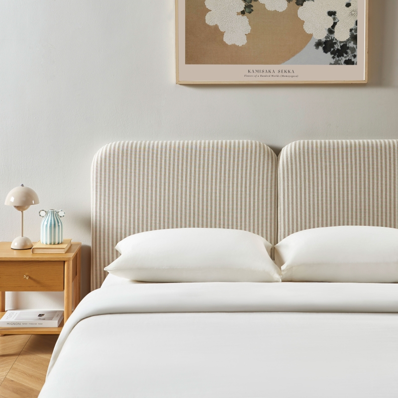 Tête de lit LOUISON tissu lin rayé blanc et beige 160cm