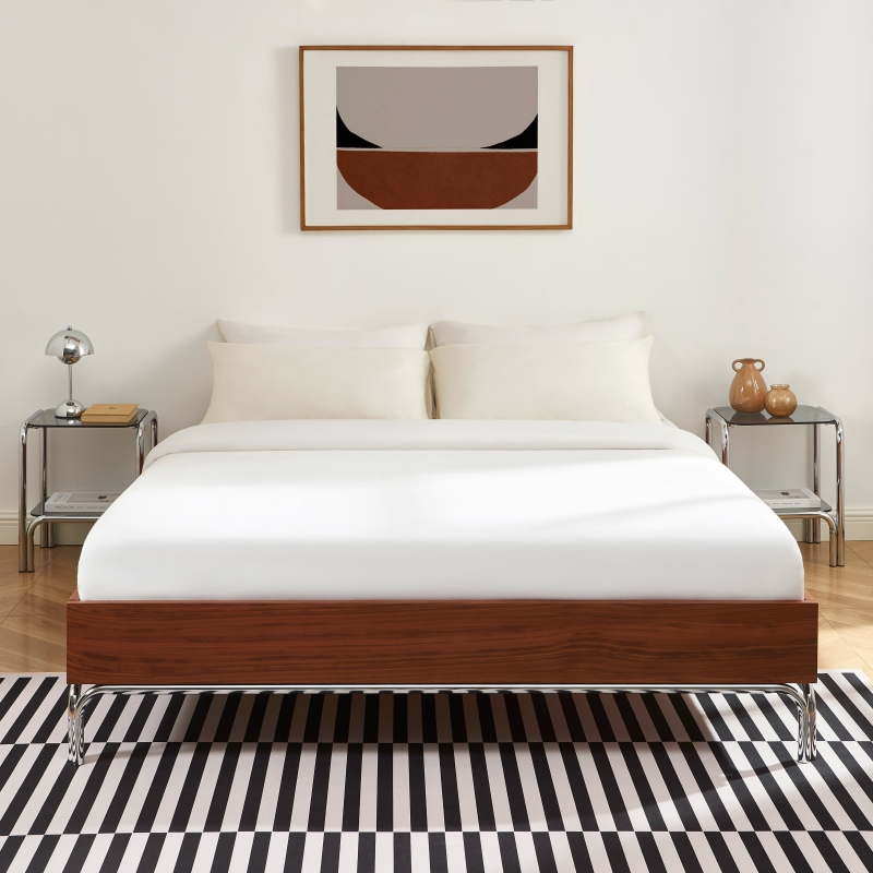 Lit MAGGY 160x200 placage noyer et pieds métal chromé sommier inclus