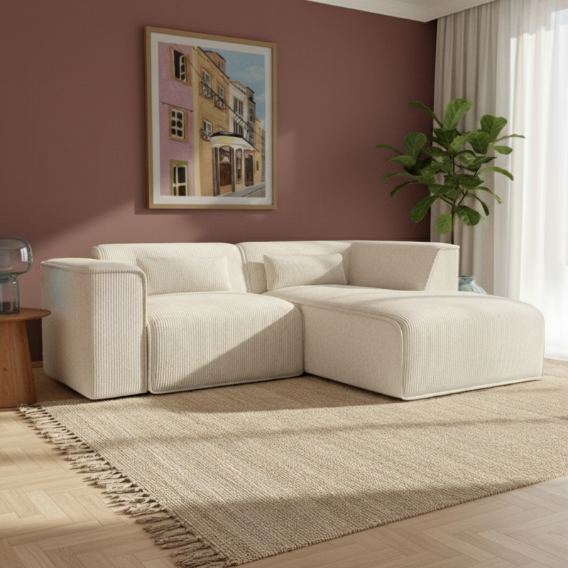 Canapé d'angle droit fixe NUNA 4 places velours côtelé beige