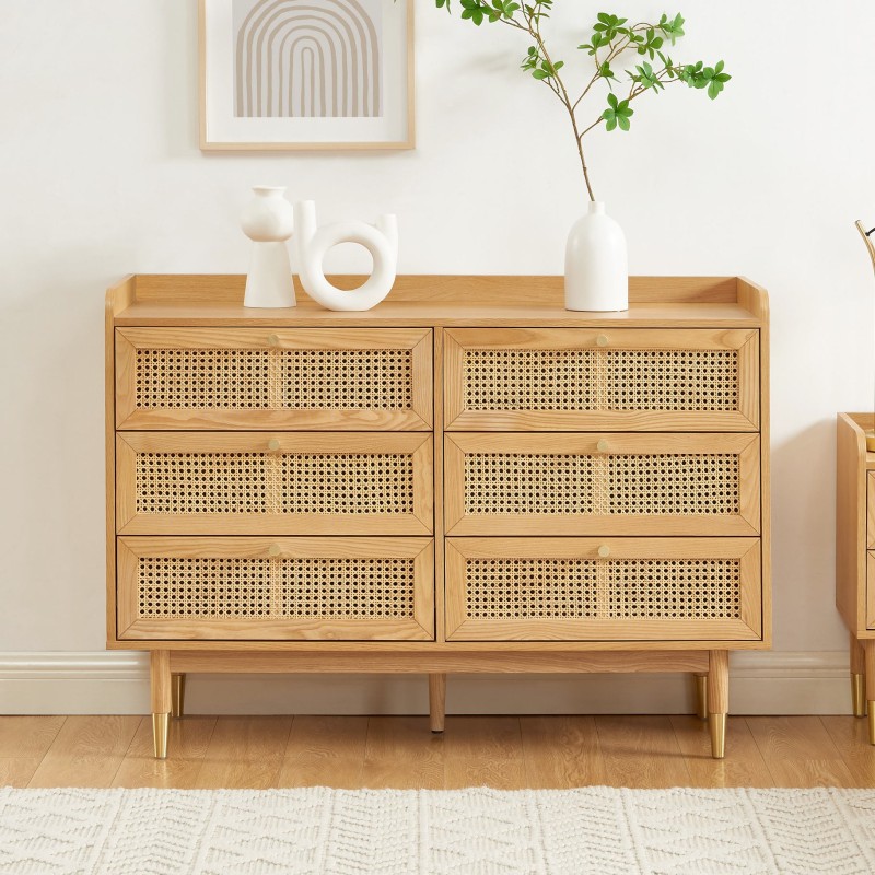 Commode LEON placage chêne et cannage rotin 6 tiroirs 120cm