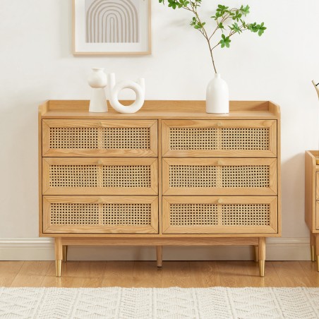 Commode LEON placage chêne et cannage rotin 6 tiroirs 120cm