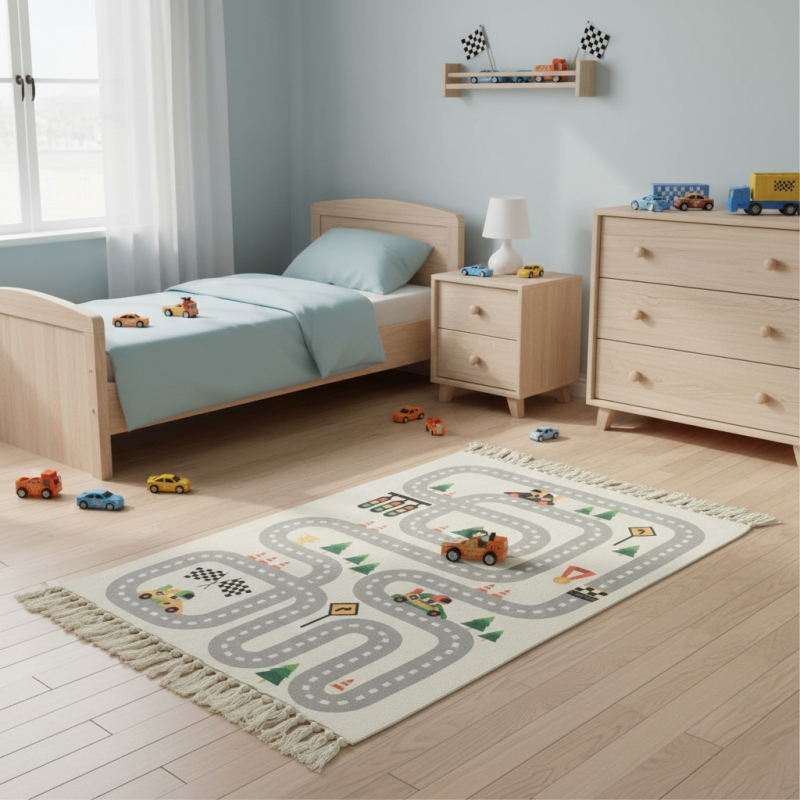 Tapis enfant HAZ motif circuit de voiture gris 80x120 cm