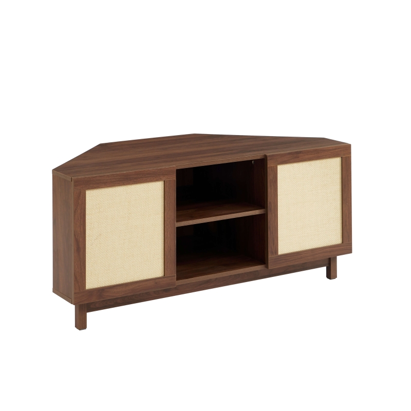 Meuble TV d'angle HARIA effet noyer et rotin 120cm