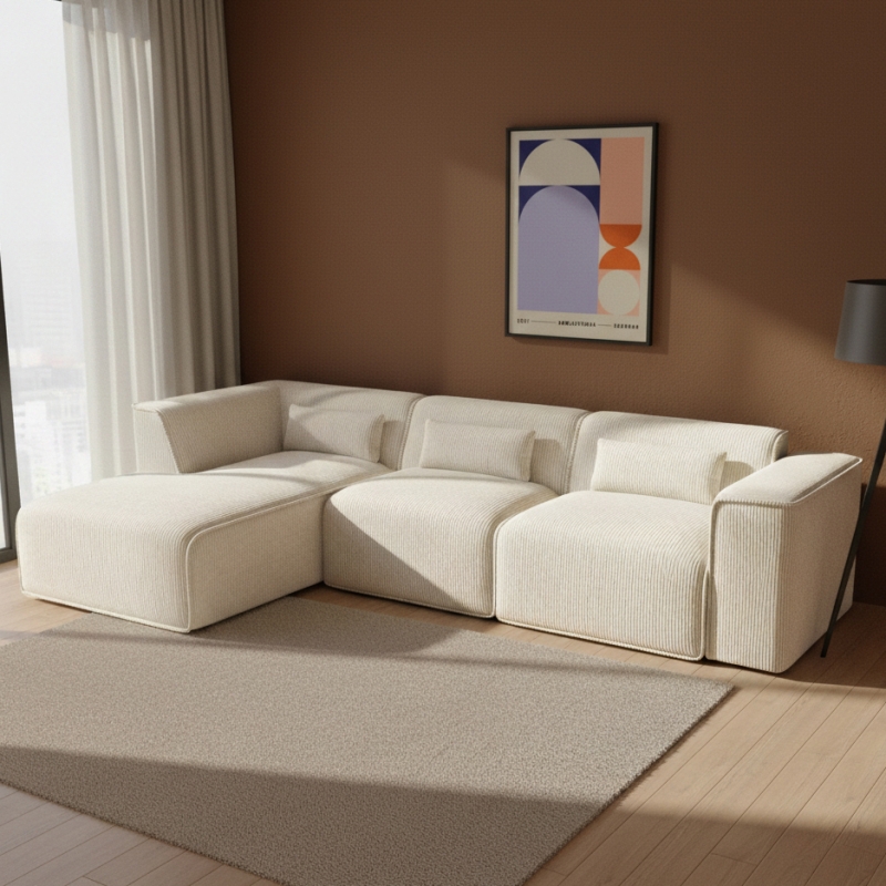 Canapé d'angle gauche fixe NUNA 5/6 places velours côtelé beige