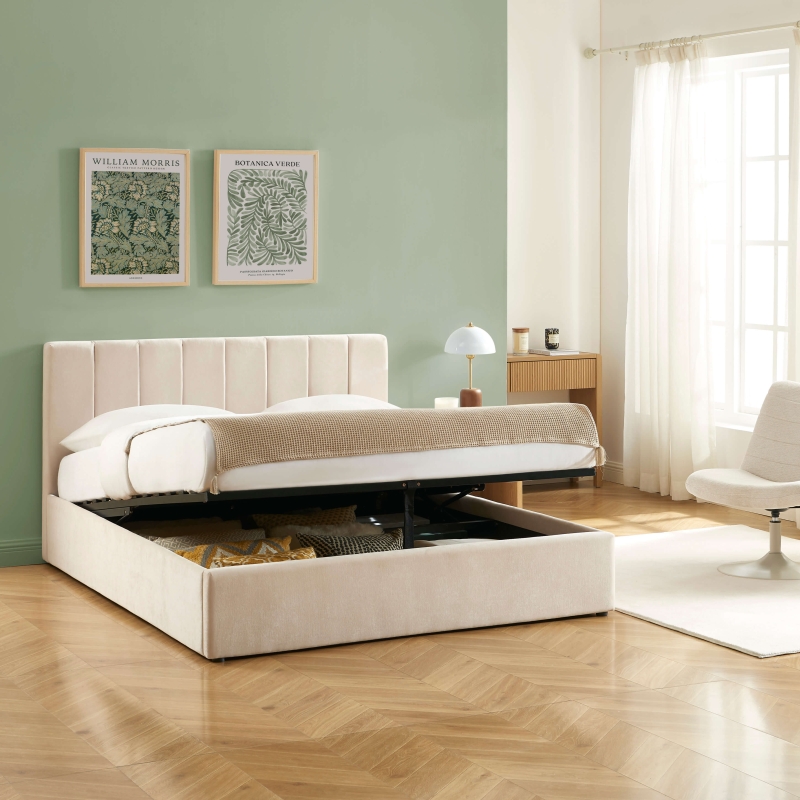 Lit coffre DARIO 160x200 tissu beige sommier inclus