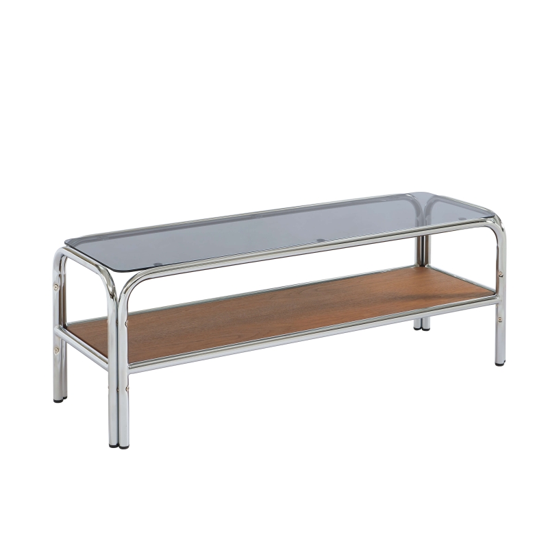 Meuble TV MAGGY verre trempé placage noyer structure en chrome 120cm