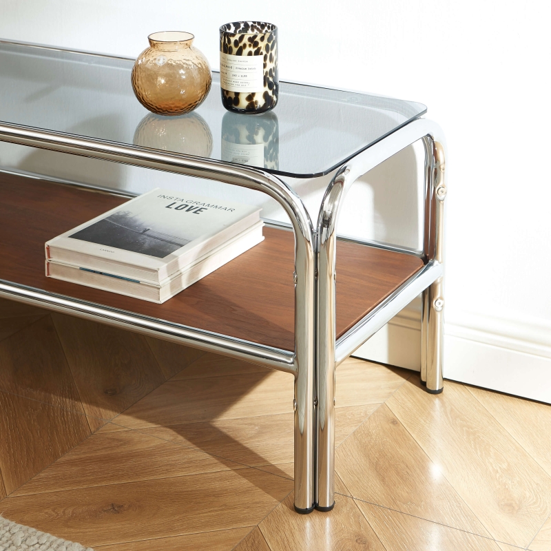 Meuble TV MAGGY verre trempé placage noyer structure en chrome 120cm