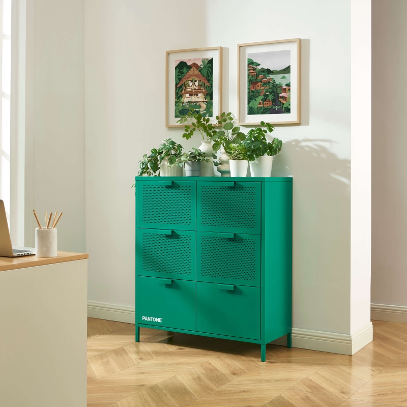 Commode PANTONE 6 tiroirs métal émeraude 90cm