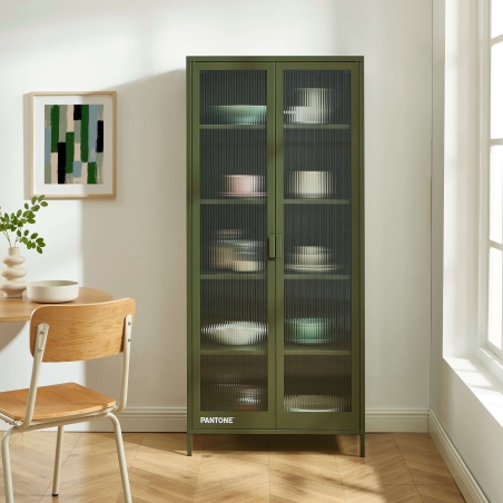 Vaisselier PANTONE en verre cannelé et métal vert olive h180cm
