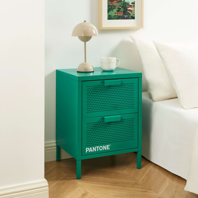 Table de chevet PANTONE métal émeraude double tiroirs 40cm