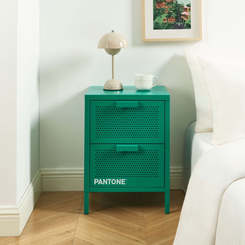 Table de chevet PANTONE métal émeraude double tiroirs 40cm