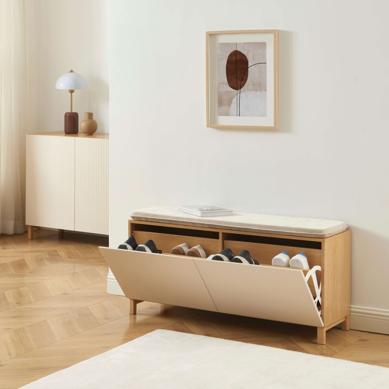 Banc à chaussures ORCA effet chêne et portes beiges