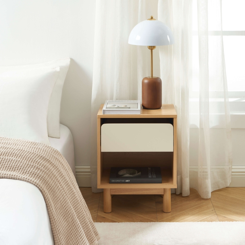 Table de chevet THALIA effet chêne et tiroir beige 