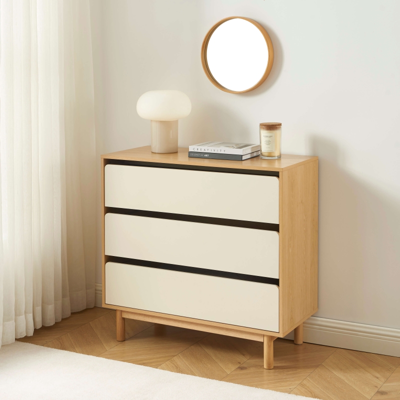 Commode THALIA 3 tiroirs beige et effet chêne 90cm