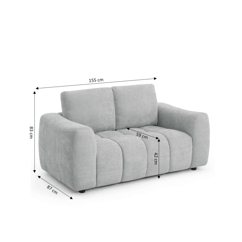 Canapé droit fixe KEREA 2 places tissu chenille gris