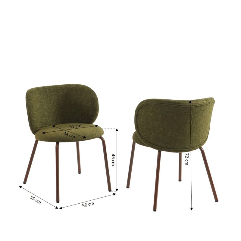 Lot de 2 chaises SERENA tissu chenille vert et pieds métal marron