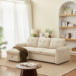 Canapé d'angle convertible et réversible IMPA 4 places tissu chenille beige