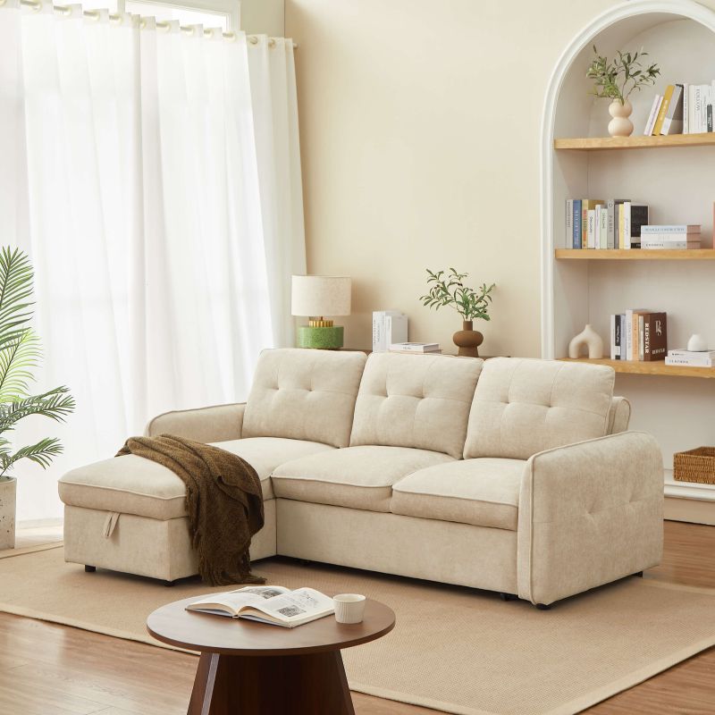 Canapé d'angle convertible et réversible IMPA 4 places tissu chenille beige