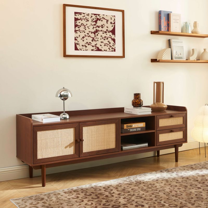 Meuble TV LEON noyer et cannage 180cm