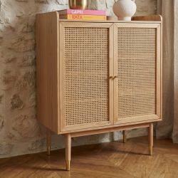 Buffet haut LEON placage chêne et cannage rotin 90cm