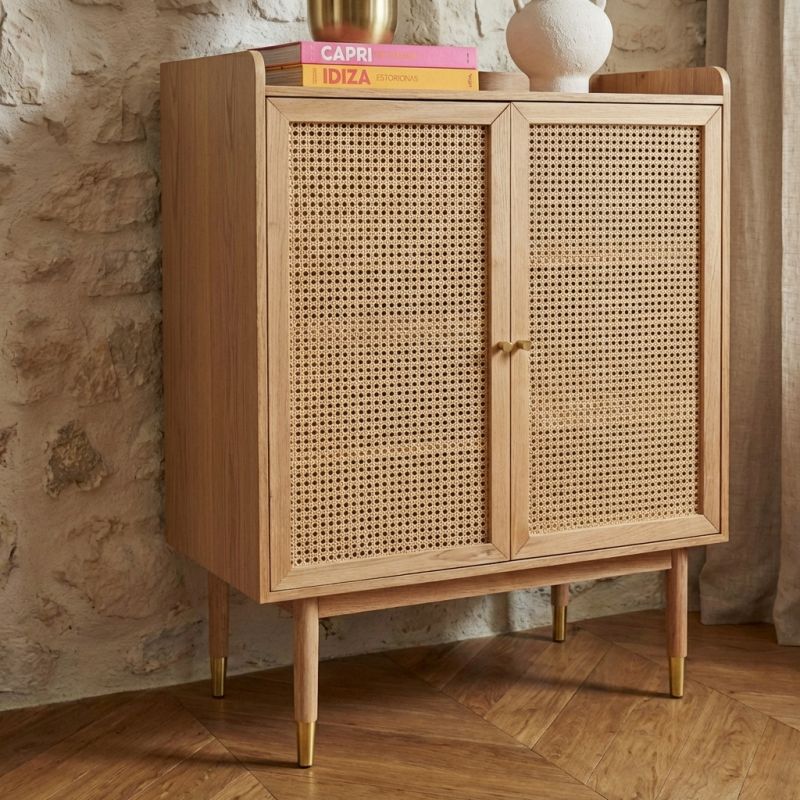 Buffet haut LEON placage chêne et cannage rotin 90cm