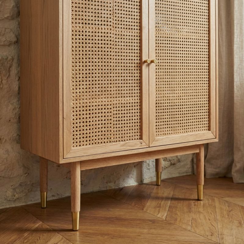 Buffet haut LEON placage chêne et cannage rotin 90cm