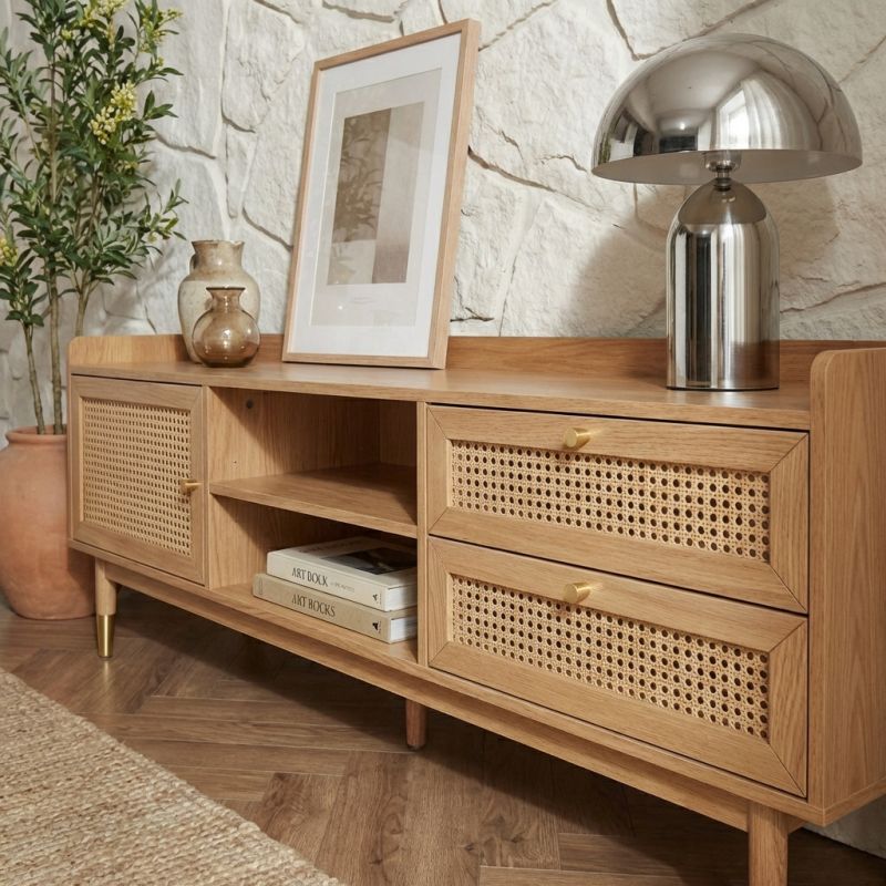 Meuble TV LEON chêne et cannage rotin 160cm