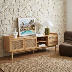 Meuble TV LEON placage chêne et cannage rotin 180cm
